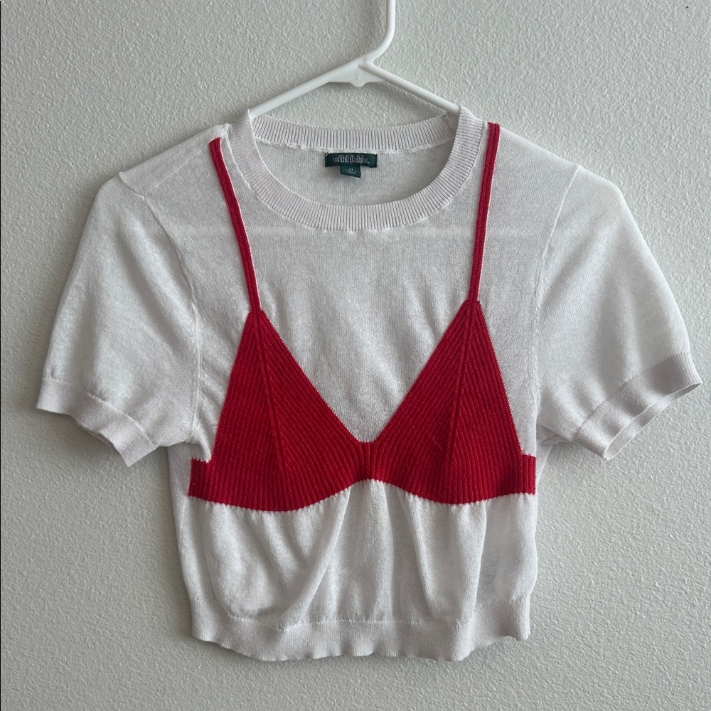 Wild Fable White Knit Crop Top with Red Bralette Overlay